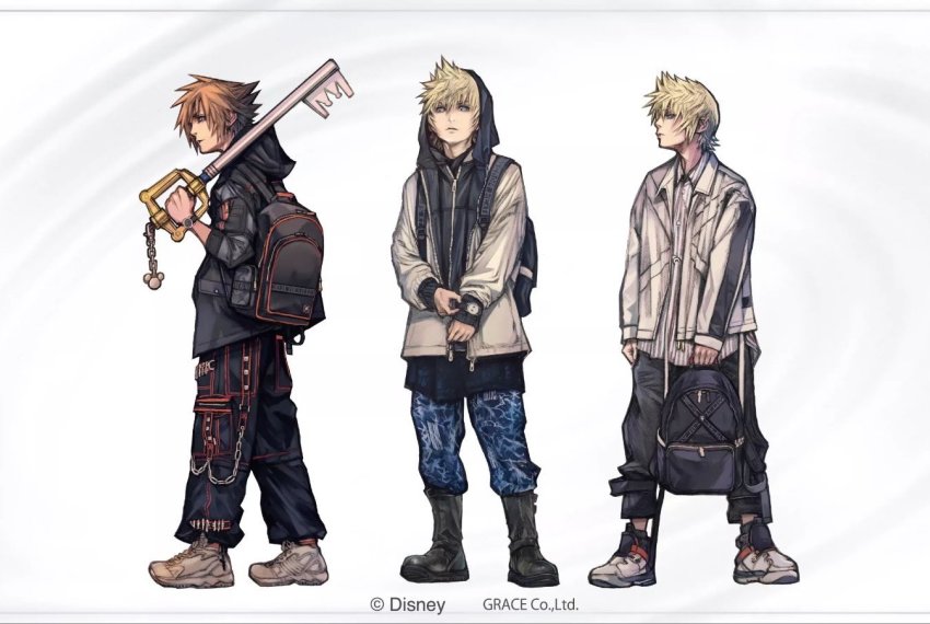 3boys backpack bag blonde_hair boots brown_hair chain copyright_notice fashion holding holding_bag hood hood_up hoodie jacket keyblade kingdom_hearts kingdom_key looking_at_viewer multiple_boys nomura_tetsuya official_alternate_costume official_art over_shoulder roxas shoes sneakers sora_(kingdom_hearts) spiked_hair standing streetwear third-party_source ventus_(kingdom_hearts) watch weapon weapon_over_shoulder white_background