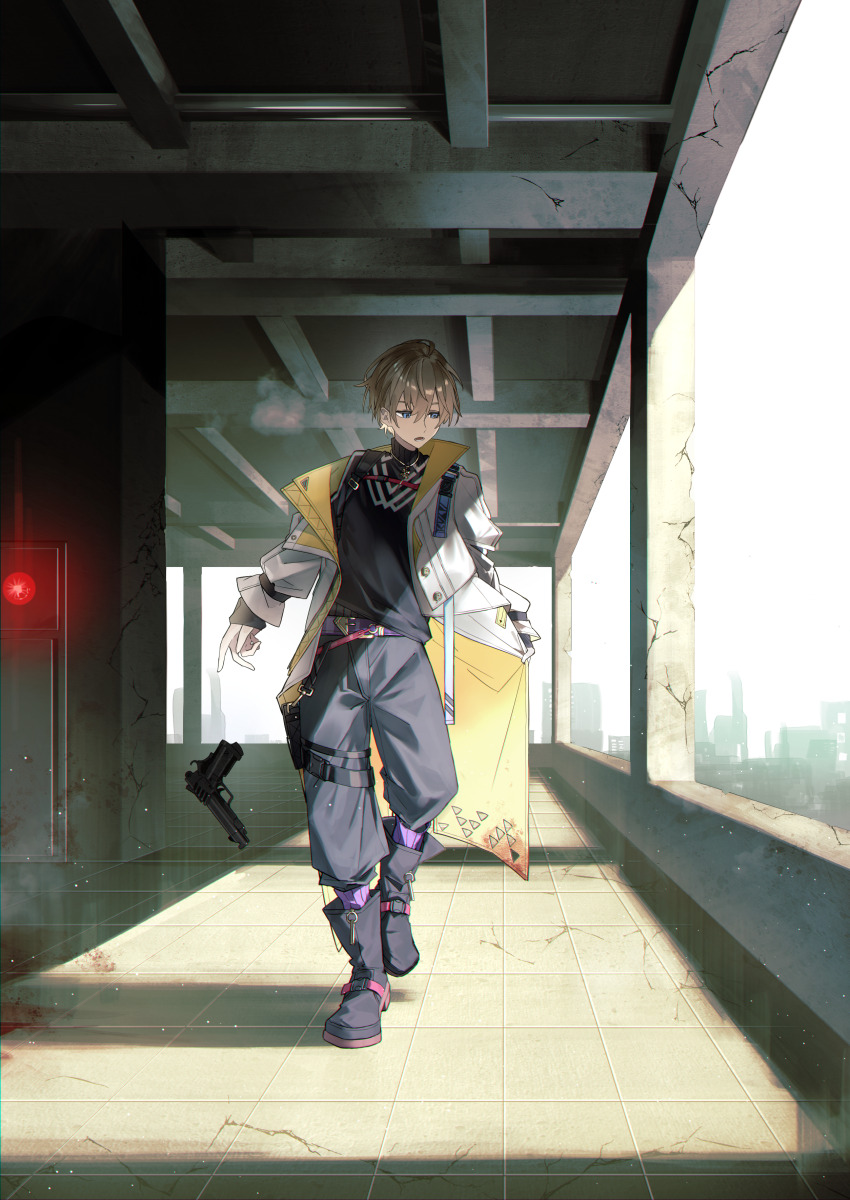 1boy absurdres annoyed belt black_footwear black_pants black_shirt blonde_hair blood_on_hat blue_eyes cityscape coat commentary_request crack cracked_wall dropping fura_kanato grey_sky gun hallway handgun highres holding holding_coat holding_unworn_clothes indoors jisshu long_sleeves male_focus multiple_belts nijisanji open_mouth pants shirt short_hair sky solo tile_floor tiles two-sided_coat two-sided_fabric unworn_coat virtual_youtuber weapon white_coat yellow_coat