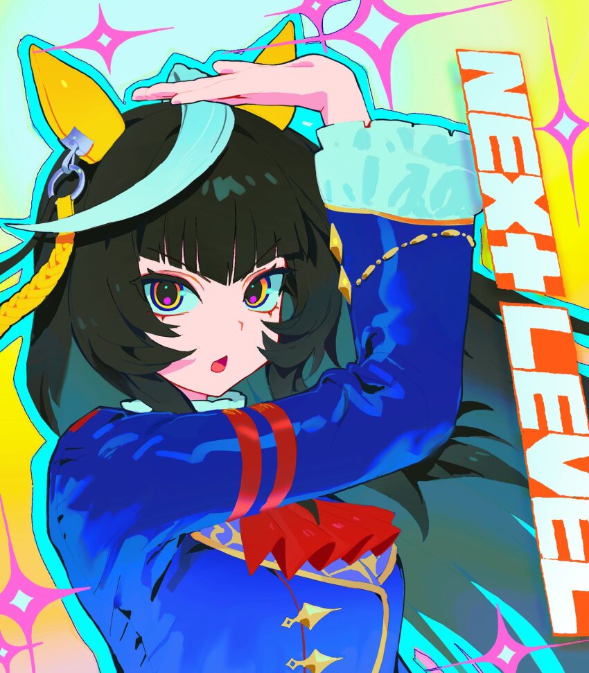 1girl animal_ears aqua_hair ascot black_hair blue_jacket blunt_bangs calstone_light_o_(umamusume) ear_covers frilled_sleeves frills hashtag-only_commentary highres horse_ears horse_girl jacket long_hair long_sleeves looking_at_viewer multicolored_hair ooo8_q open_mouth red_ascot simple_background solo sparkle streaked_hair umamusume upper_body