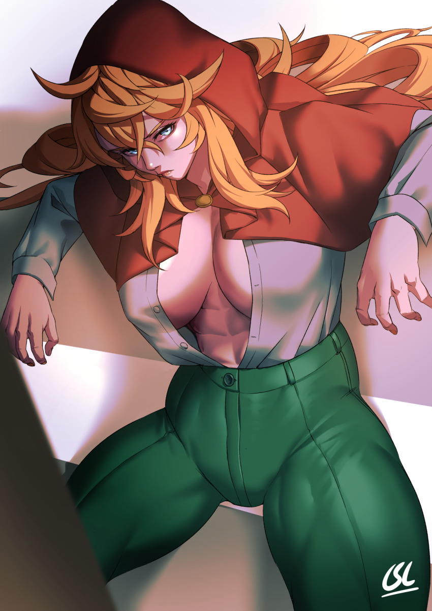 1girl abs arms_at_sides blonde_hair blue_eyes breasts capelet female_focus green_pants grimm_(red_hood) hair_between_eyes highres hood hood_up hooded_capelet large_breasts long_hair looking_at_viewer mature_female midriff muscular muscular_female open_clothes open_shirt outstretched_arms pants phoebus_art red_capelet red_hood red_hood_(kawaguchi) shirt shirt_tucked_in sitting solo spread_legs thick_thighs thighs unbuttoned unbuttoned_shirt white_shirt