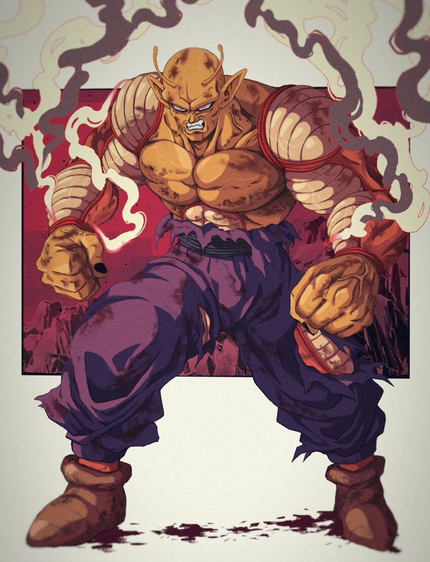 1boy antennae bure_(fantasticyouth7) clenched_hands clenched_teeth dragon_ball dragon_ball_super dragon_ball_super_super_hero full_body highres male_focus muscular muscular_male no_eyebrows orange_piccolo pants piccolo pointy_ears purple_pants red_eyes smoke solo teeth topless_male torn_clothes