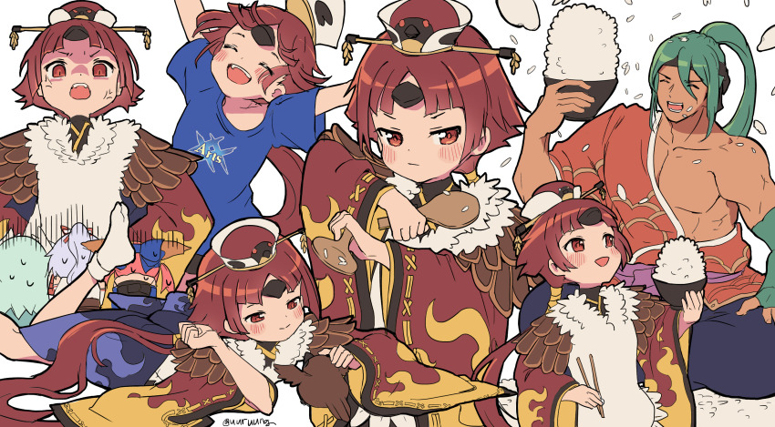 absurdres beni-enma beni-enma_(first_ascension) bird bowl cape dark-skinned_male dark_skin fate/grand_order fate_(series) feathers green_hair hat headpat highres japanese_clothes kiyohime red_eyes red_hair rice_bowl shamoji short_hair sparrow tabi tamamo_(fate) tamamo_no_mae_(fate) tawara_touta_(fate) tomoe_gozen_(fate) uuruung