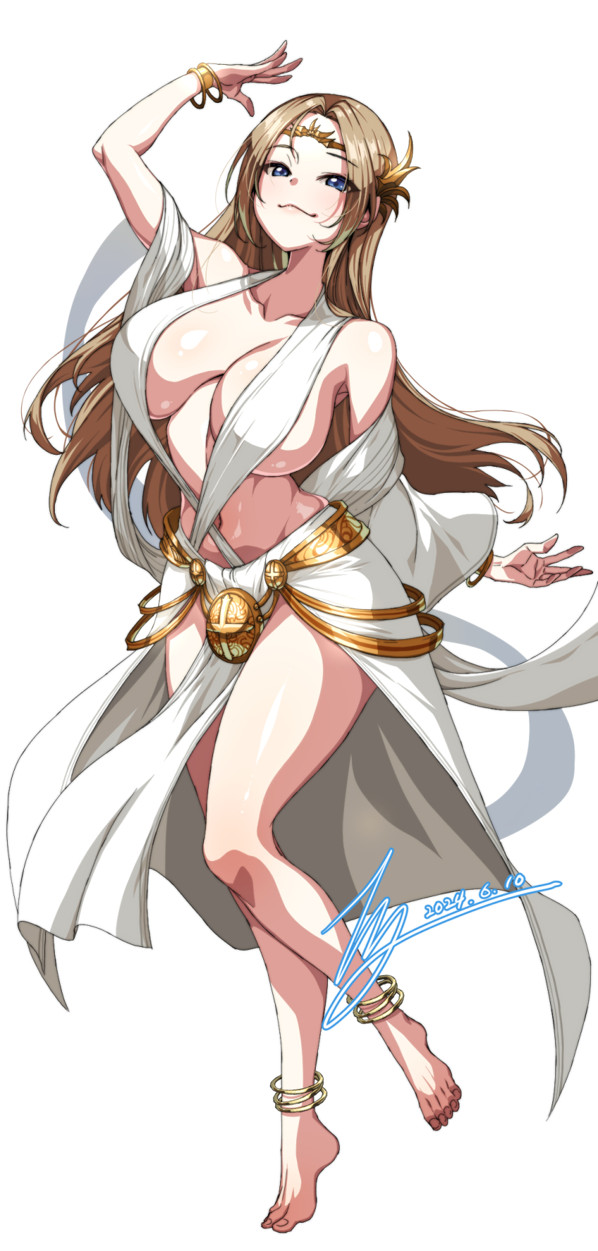 1girl anklet arm_up bare_legs bare_shoulders barefoot blue_eyes bracelet breasts character_request circlet cleavage closed_mouth commentary commission dated dress english_commentary full_body gold_belt gold_bracelet gold_headwear highres jewelry large_breasts light_brown_hair long_hair looking_at_viewer navel pelvic_curtain pixiv_commission rantia raven:_eternity signature simple_background smile solo very_long_hair white_background white_dress