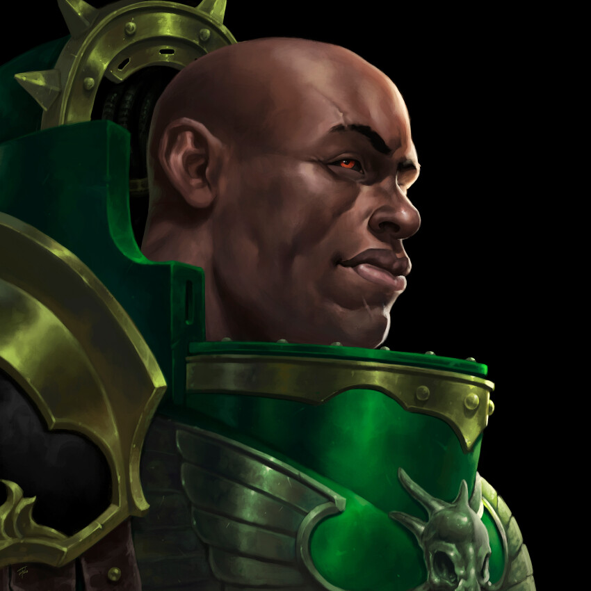 absurdres adrian4rt armor bald black_background black_sclera colored_sclera dark_skin green_armor highres imperium_of_man male_focus power_armor primarch red_eyes salamanders_(warhammer) scar semi_realisim simple_background smile vulkan warhammer_40k