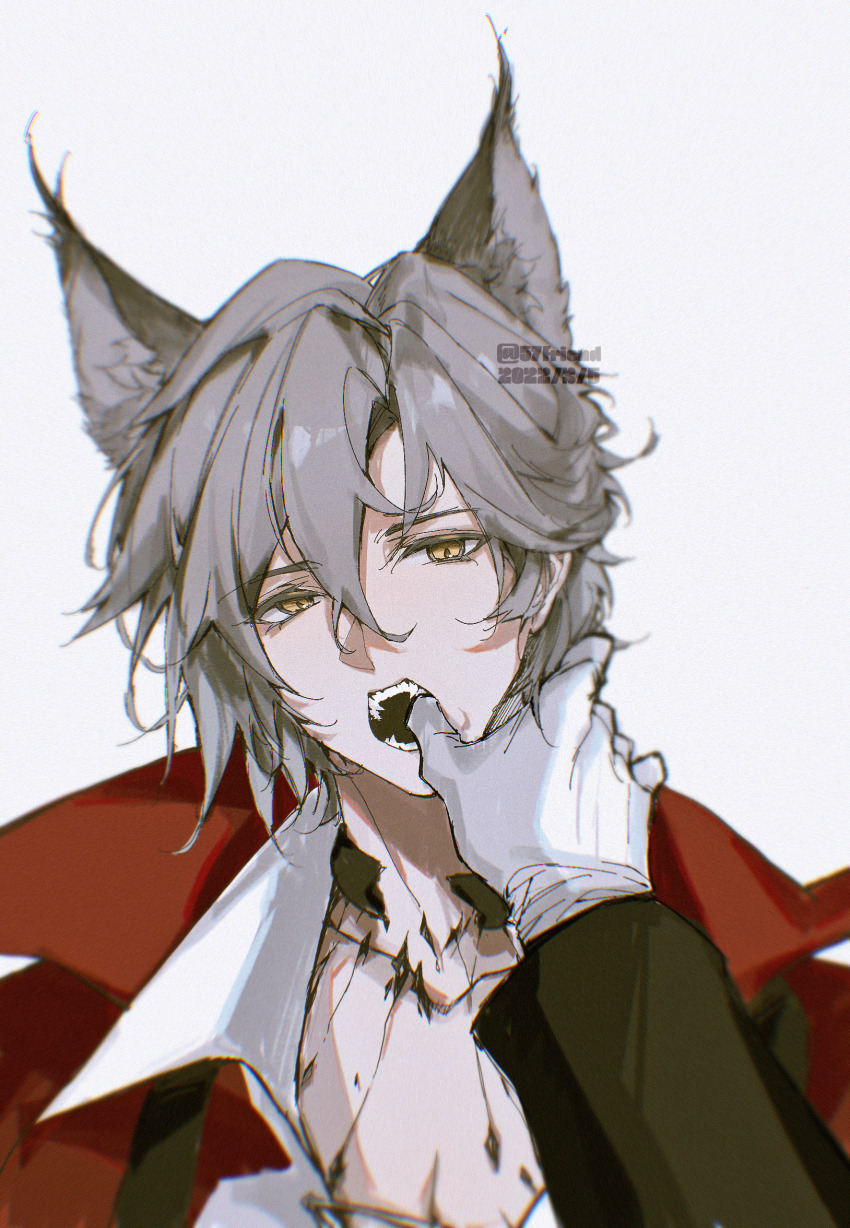 1boy 1other 57friend animal_ears arknights cape cat_boy cat_ears commentary dated doctor_(arknights) english_commentary fangs finger_in_another&#039;s_mouth gloves grey_background grey_hair hair_between_eyes highres long_sleeves male_focus material_growth open_mouth orange_eyes oripathy_lesion_(arknights) phantom_(arknights) phantom_(focus)_(arknights) simple_background twitter_username upper_body white_gloves