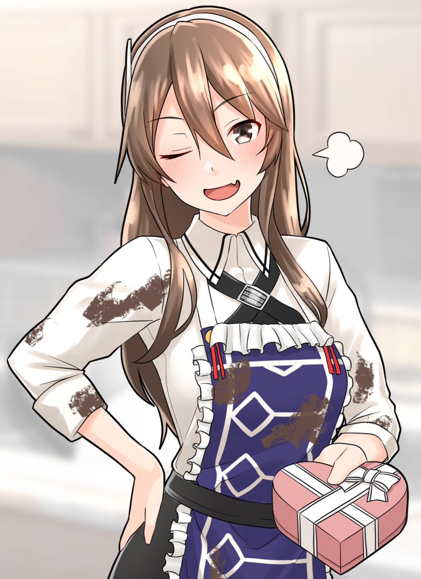 1girl adapted_costume apron ashigara_(kancolle) ashigara_kai_ni_(ichibankuji)_(kancolle) ashigara_kai_ni_(kancolle) black_ribbon box brown_eyes brown_hair collared_shirt commentary_request dirty dirty_clothes dress_shirt fang frilled_apron frills furaggu_(frag_0416) hairband heart-shaped_box highres indoors kantai_collection long_hair neck_ribbon official_alternate_costume one_eye_closed open_mouth puff_of_air purple_apron ribbon shirt skin_fang smile solo upper_body wavy_hair white_hairband white_shirt