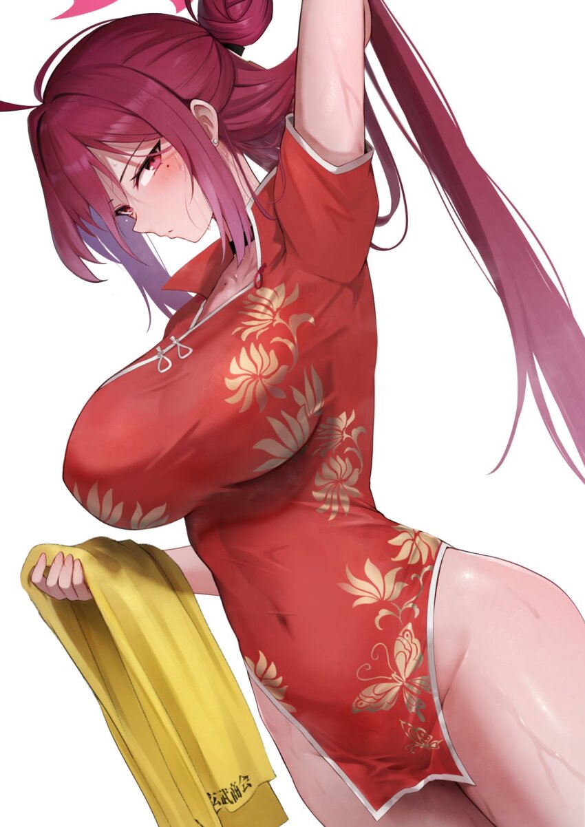 1girl antenna_hair blue_archive breasts china_dress chinese_clothes covered_navel dress hair_bun halo highres kai_(esugi) large_breasts navel pelvic_curtain red_dress red_halo reijo_(blue_archive) single_side_bun solo sweat towel