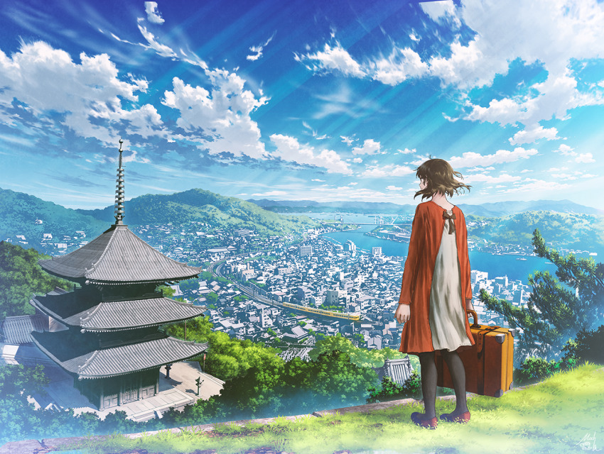 1girl architecture black_legwear blue_sky brown_hair building city cloud cloudy_sky day dress east_asian_architecture from_behind holding light_rays luggage mocha_(cotton) original outdoors pagoda scenery shoes short_hair sky solo sunbeam sunlight wide_shot
