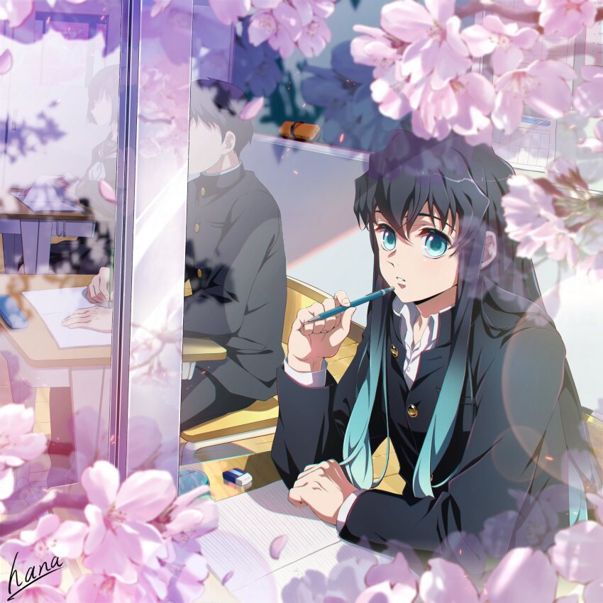 1girl 2boys aqua_eyes aqua_hair black_hair black_shirt book cherry_blossoms classroom eraser gradient_hair hana_ni_nare highres holding holding_pen kimetsu_no_yaiba long_hair long_sleeves looking_at_viewer male_focus multicolored_hair multiple_boys pen school school_uniform shirt tokitou_muichirou two-tone_hair white_shirt
