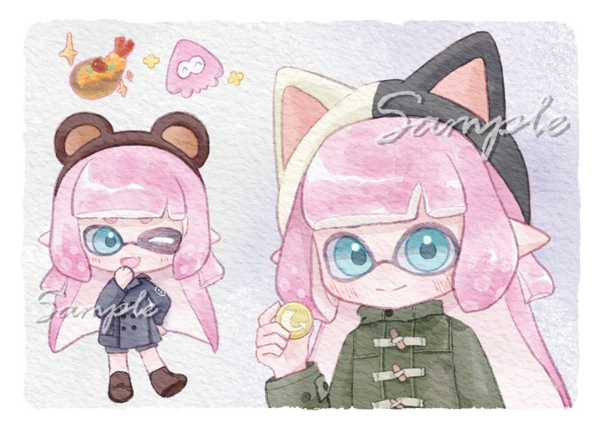 1girl animal_ear_headwear animal_ears arrow_(symbol) bear_ears beret black_hat blue_eyes blunt_bangs boots border brown_boots brown_hat cat_ears chinese_commentary closed_mouth coat collared_coat commentary_request crest fake_animal_ears fang food green_coat grey_coat grey_shorts hand_on_own_chin hand_on_own_hip happy hat high_collar highres holding inkling_girl inkling_player_character lanmeier lapels light_blush long_hair long_sleeves looking_at_viewer multiple_views nintendo notched_lapels painting_(medium) patch pink_hair pocket pointy_ears push-button shorts shrimp shrimp_tempura skin_fang smile sparkle splatoon_(series) splatoon_3 split-color_clothes straight_hair tempura tentacle_hair thick_eyebrows traditional_media two-tone_hat very_long_hair watercolor_(medium) white_border white_hat