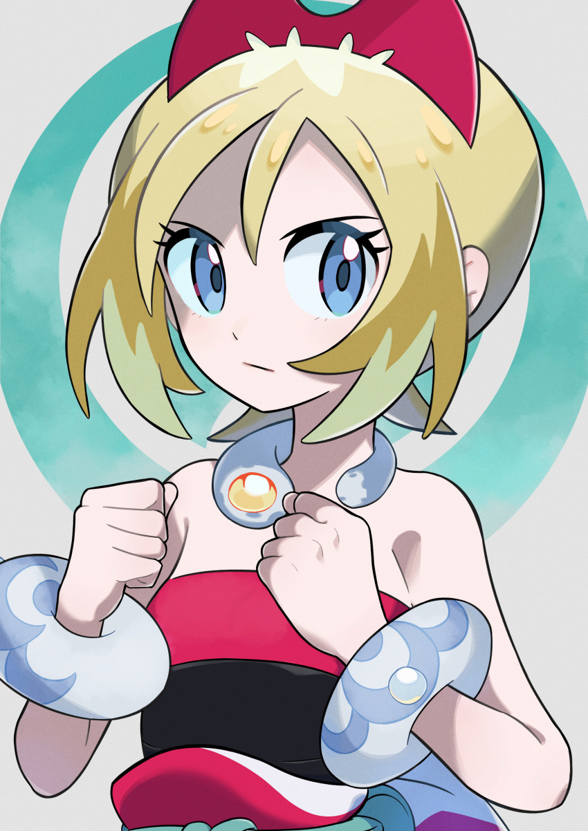 1girl absurdres blonde_hair blue_eyes bracelet clenched_hands closed_mouth collar commentary_request eyelashes hairband hands_up highres irida_(pokemon) jewelry nintendo nori_(hgdm2784) pokemon pokemon_legends:_arceus red_hairband sash shirt short_hair solo strapless strapless_shirt upper_body