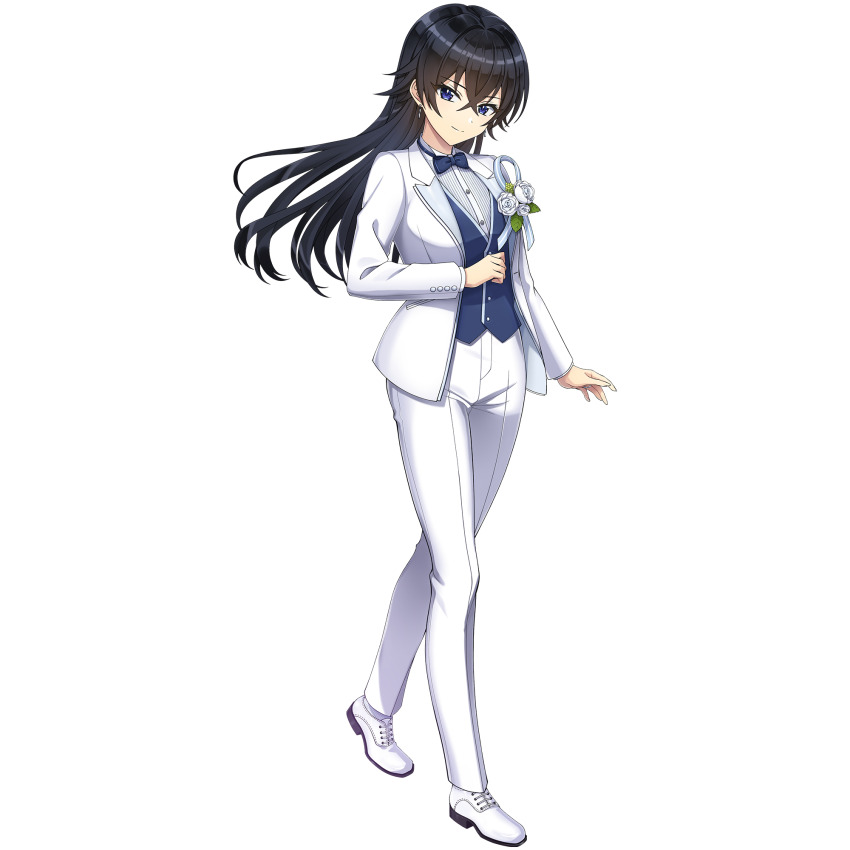 black_hair blue_bow blue_bowtie blue_eyes blue_shirt bow bowtie dolphin_wave earrings formal_clothes game_cg hagane_otsuki highres jacket jewelry long_hair non-web_source official_alternate_costume official_art ootomo_takuji shirt shoes suit suit_jacket transparent_background tuxedo white_shoes white_suit