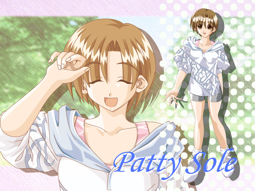 1girl arm_up atelier-moo brown_eyes brown_hair character_name closed_eyes collarbone full_body hood hoodie looking_at_viewer open_mouth pantyhose patty_sole polka_dot shadow shoes short_hair short_sleeves smile socks solo standing thighs upper_body white_socks yuukyuu_gensoukyoku