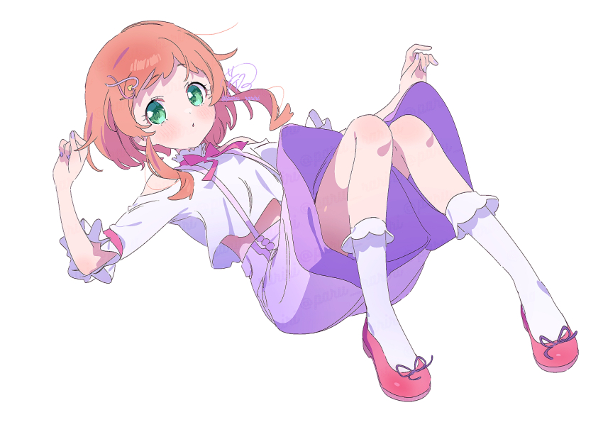1girl :o ankle_socks bare_shoulders bow bowtie clothing_cutout collared_shirt dot_nose expressionless eyelashes footwear_ribbon frilled_sleeves frilled_socks frills full_body green_eyes hair_ornament hairclip heart heart_hair_ornament high_collar high_heels inukai_iroha knees knees_up light_blush long_sleeves looking_at_viewer lying midriff on_back orange_hair parted_lips paru_rari pink_bow pink_bowtie precure pumps purple_ribbon purple_shorts red_shoes ribbon shirt shoes short_hair_with_long_locks shorts shoulder_cutout sidelocks simple_background skirt socks solo suspender_skirt suspenders tareme three-quarter_sleeves wavy_hair white_background white_shirt white_socks wonderful_precure!