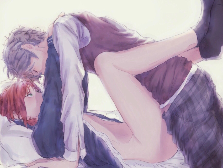 2boys anal bottomless clothed_sex dress_shirt ensemble_stars! green_eyes grey_hair highres male_focus male_penetrated missionary multiple_boys pants red_hair sena_izumi_(ensemble_stars!) sex shirt socks tagme tsukinaga_leo uqkure vest yaoi