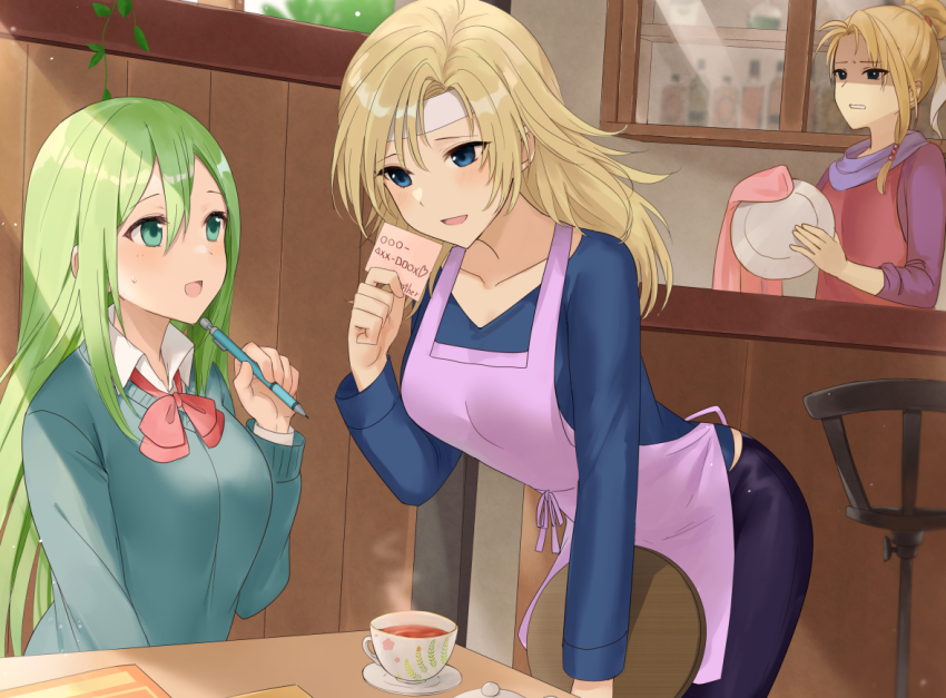 3girls :d apron bending blonde_hair blue_eyes breasts calill_(fire_emblem) cleaning coffee commentary_request contemporary cup disposable_cup fire_emblem fire_emblem:_radiant_dawn green_eyes green_hair haru_(nakajou-28) heather_(fire_emblem) medium_breasts multiple_girls nephenee_(fire_emblem) nintendo open_mouth smile teacup