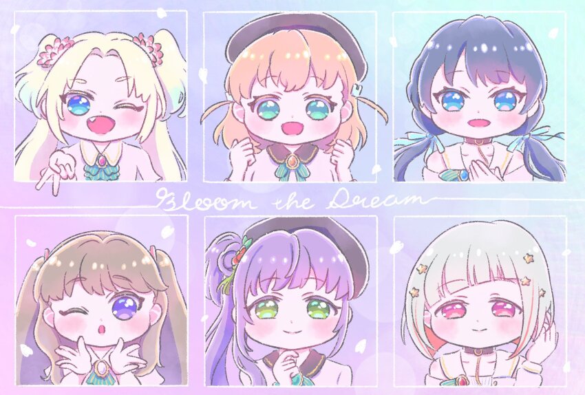 6+girls :d ;d ;o abukero aqua_eyes ascot bare_shoulders beret black_choker blonde_hair blowing_kiss blue_background blue_eyes blue_hair blue_ribbon blush bob_cut brown_hair brown_hat choker closed_mouth clothing_cutout collarbone collared_dress colored_inner_hair commentary_request crossed_bangs deformed diagonal_bangs dream_believers dress english_text fang flower fujishima_megumi gradient_background gradient_hair green_ascot green_eyes green_ribbon grey_hair gyaru_v hair_bun hair_flower hair_ornament hair_ribbon hat highres hinoshita_kaho inverted_bob link!_like!_love_live! long_hair long_sleeves looking_at_viewer love_live! low_twintails medium_hair mole mole_on_neck multicolored_hair multiple_girls murano_sayaka neck_ribbon o-ring o-ring_choker official_alternate_costume one_eye_closed open_mouth opening_live_event_~bloom_the_dream~ orange_hair osawa_rurino otomune_kozue parted_bangs pink_background pink_dress pink_flower pinstripe_ascot pinstripe_ribbon purple_background purple_eyes purple_hair rabbit_hair_ornament red_eyes red_flower red_hair ribbon short_hair short_sleeves shoulder_cutout side_ponytail sidelocks single_side_bun smile split_mouth star_(symbol) star_hair_ornament streaked_hair tassel tassel_hair_ornament twintails two_side_up v virtual_youtuber yugiri_tsuzuri