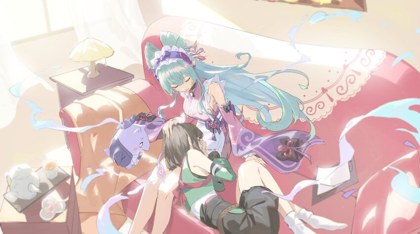 2girls absurdres apron aqua_hair arm_support bare_shoulders black_bow black_choker black_shorts blanket blurry bow brown_hair bum_hico choker clipboard closed_eyes couch cup curtains depth_of_field detached_sleeves doily earrings eyeliner flower_earrings frilled_hairband frilled_sleeves frills genshin_impact green_vest hair_between_eyes hair_ornament hair_stick hairband hand_on_another&#039;s_head hand_on_own_face hand_up headpat highres indoors japanese_clothes jewelry kimono knees_up lamp lap_pillow light_particles long_hair long_sleeves lying maid makeup multiple_girls nail_polish nihongami no_shoes obi obi_bow on_couch on_side open_mouth pink_eyeliner pink_kimono pink_nails pointy_ears purple_bow purple_hairband purple_sash sash shirt short_hair short_kimono shorts sitting sleeve_bow sleeveless sleeveless_shirt smile socks sunlight table tail tapir tea teacup teapot tray twitter_username vest wa_maid waist_apron white_apron white_shirt white_socks wide_sleeves wind window yumemizuki_mizuki