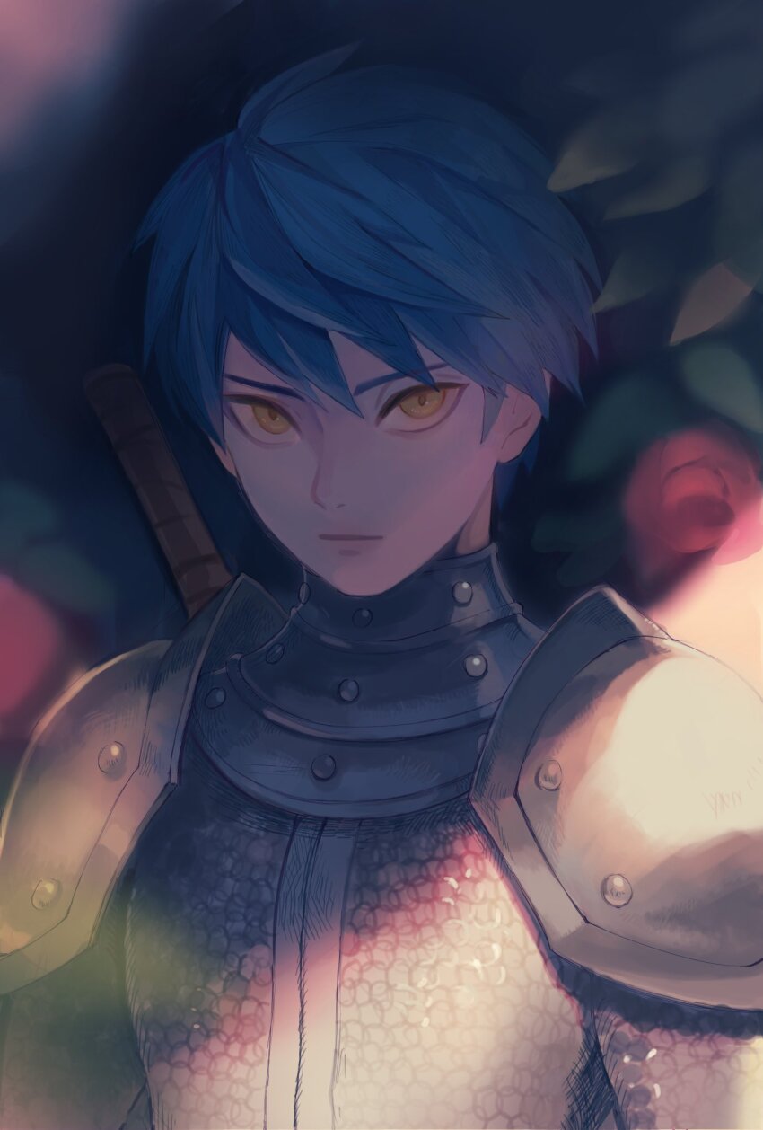 1boy armor blue_hair blurry blurry_background chainmail closed_mouth colt-slowl commentary_request dragon_quest dragon_quest_builders_2 highres leaf looking_at_viewer male_focus rick_(dqb2) short_hair solo sword sword_hilt sword_on_back upper_body weapon weapon_on_back yellow_eyes