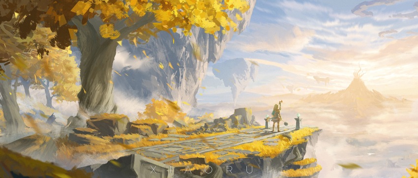 1boy absurdres archaic_set_(zelda) artist_name blonde_hair blue_shirt bow_(weapon) brown_sandals cloud cloudy_sky day facing_away floating_island fog grass highres lantern link long_hair mountain nintendo outdoors sandals scenery shirt sky solo the_legend_of_zelda the_legend_of_zelda:_tears_of_the_kingdom tree weapon wide_shot xiaorui-rui