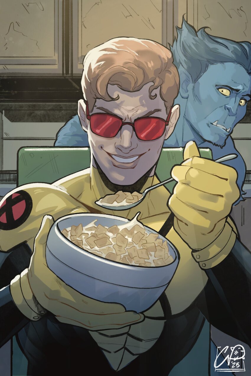 2boys artist_name beast_(x-men) black_bodysuit blue_hair blue_skin bodysuit bowl breakfast brown_hair cefisherart cereal cinnamon_toast_crunch colored_skin cyclops_(x-men) dated eating food glasses hairy highres holding holding_bowl holding_food holding_spoon indoors large_pectorals male_focus marvel milk monster_boy multicolored_bodysuit multiple_boys muscular muscular_male pectorals pointy_ears scott_summers shaved_body short_hair signature sitting smile spoon sunglasses superhero_costume surprised teeth topless_male two-tone_bodysuit very_hairy western_comics_(style) wide-eyed x-men yellow_bodysuit yellow_eyes