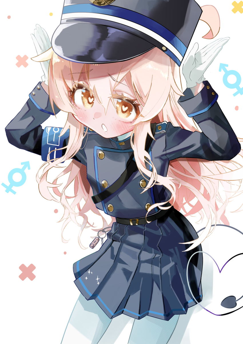 1girl absurdres black_hat black_jacket black_skirt blue_archive blush cosplay cowboy_shot demon_tail hands_up hat heart heart_in_eye highres hikari_(blue_archive) hikari_(blue_archive)_(cosplay) jacket long_hair looking_at_viewer multiple_girls onii-chan_wa_oshimai! oyama_mahiro pantyhose pink_hair pleated_skirt simple_background skirt solo standing symbol_in_eye tail uracine_(zakozako1919) white_background