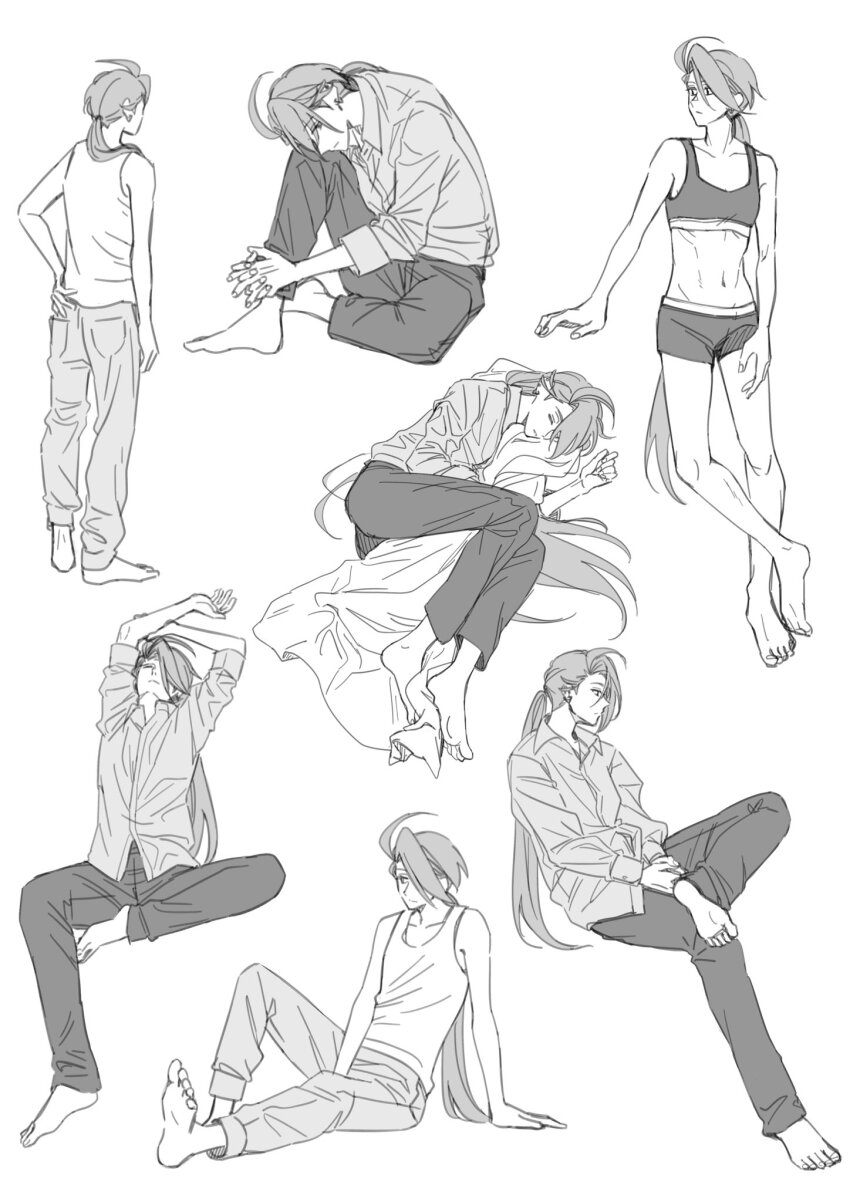 1girl abs alternate_costume androgynous arms_up barefoot expressionless full_body greyscale head_on_knee highres knee_up long_hair low_ponytail lying monochrome multiple_views nikomako-riff nintendo on_side pants pokemon pokemon_sv ponytail reverse_trap rika_(pokemon) shirt simple_background sitting sports_bra sportswear standing tank_top toned toned_female white_background