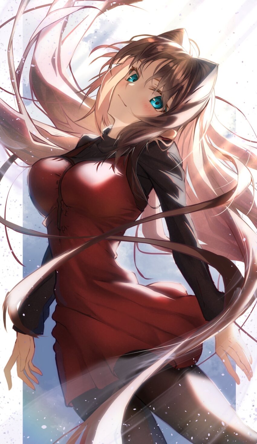 1girl aozaki_aoko blush breasts brown_hair brown_pantyhose brown_sweater closed_mouth commentary_request dress floating_hair hair_intakes head_tilt highres long_hair long_sleeves looking_at_viewer mahou_tsukai_no_yoru medium_breasts pantyhose red_dress smile solo sweater toomishou turtleneck turtleneck_sweater