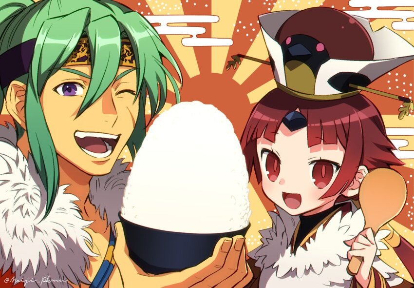 1boy 1girl :d beni-enma beni-enma_(first_ascension) blunt_bangs bowl chinese_clothes cloud facial_scar fate/grand_order fate_(series) fur_trim green_hair hair_between_eyes holding long_hair looking_at_viewer meiji_ken new_year one_eye_closed open_mouth pectoral_cleavage pectorals purple_eyes red_eyes red_hair rice_bowl scar scar_on_cheek scar_on_face sidelocks smile tawara_touta_(fate) upper_body v-shaped_eyebrows