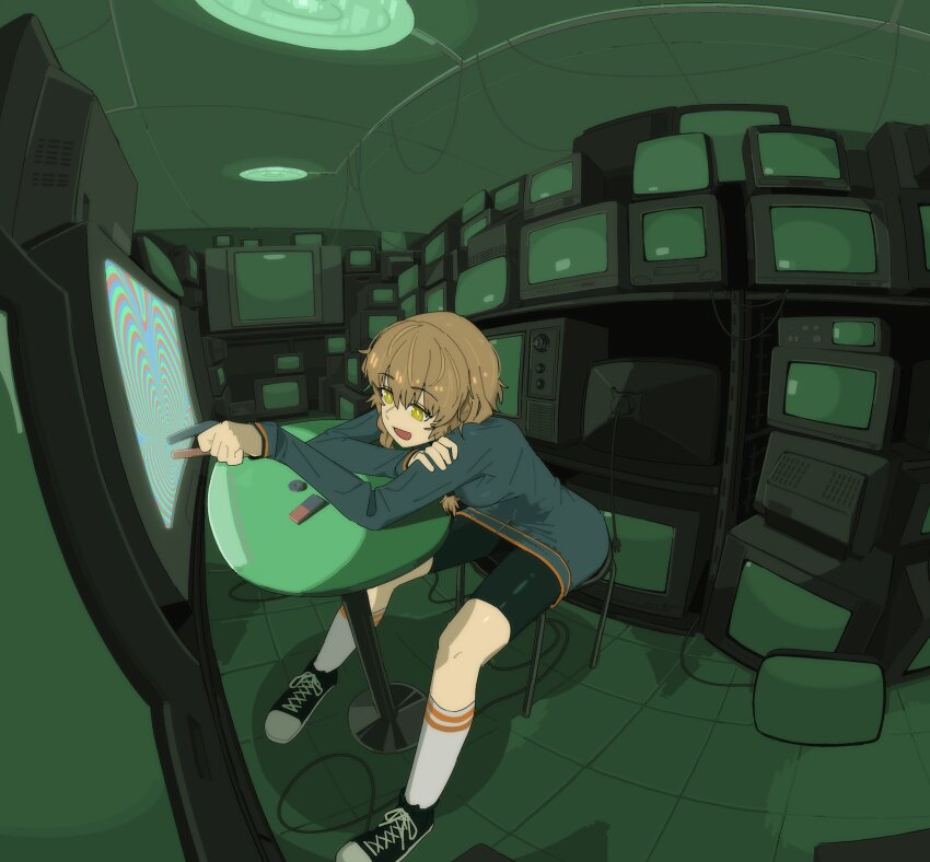 1girl absurdres amane_suzuha bike_shorts blue_jacket braid bright_pupils brown_hair ceiling ceiling_light chair commission converse crt floor fubarmoe highres holding indoors jacket leaning_forward magnet open_mouth shoes sitting socks solo steins;gate stool table television twin_braids white_pupils yellow_eyes