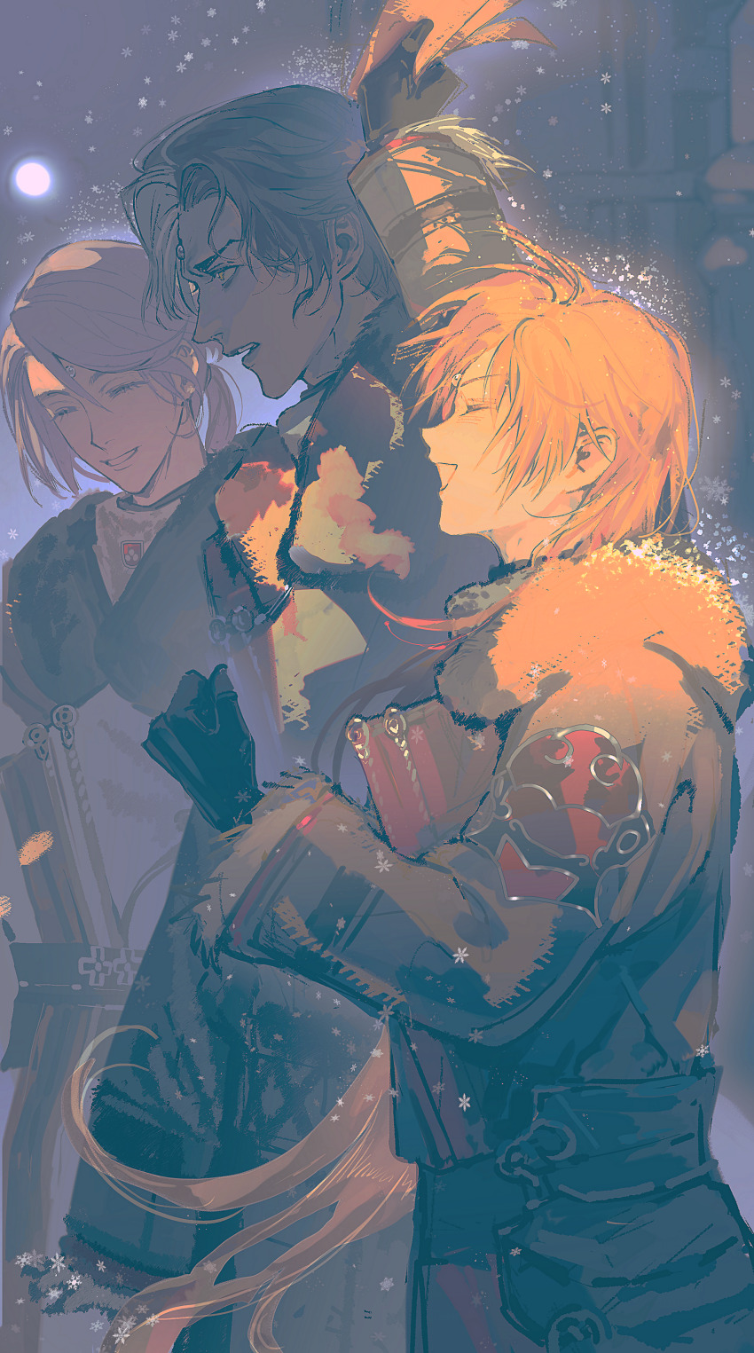 1girl 2boys ^_^ absurdres alternate_costume arm_up black_coat black_gloves blonde_hair closed_eyes coat cowboy_shot dan_qiu_ku_rong_bu_xiangfeng emet-selch final_fantasy final_fantasy_xiv from_side fur-trimmed_coat fur_trim garlean gloves highres hythlodaeus multiple_boys open_mouth profile short_hair smile warrior_of_light_(ff14) yellow_eyes