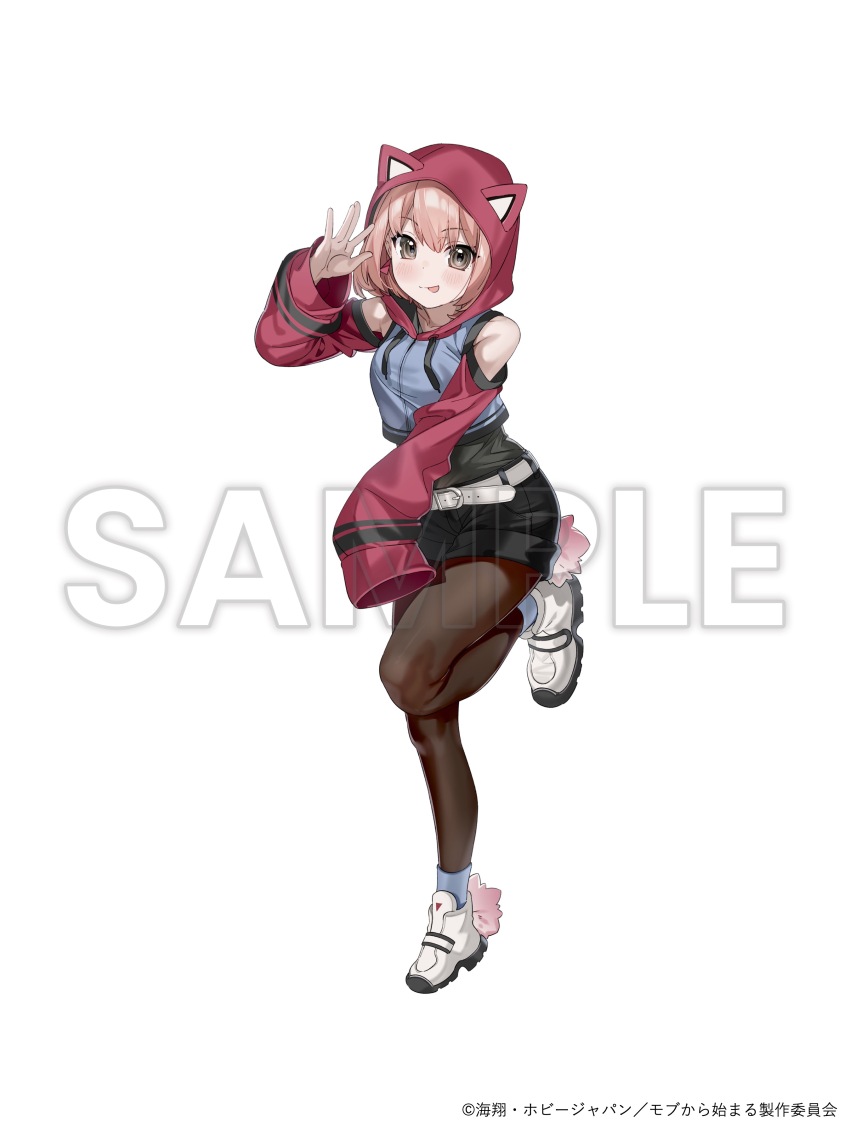 1girl absurdres almic animal_hood arm_up bare_shoulders belt blue_socks blush bob_cut breasts brown_eyes cat_hood closed_mouth full_body hair_between_eyes highres hood hooded_jacket hoodie jacket licking_lips long_sleeves looking_at_viewer mob_kara_hajimaru_tansaku_eiyuutan moriyama_miku open_hand palms pink_hair sample_watermark shoes short_hair short_shorts shorts simple_background sleeves_past_wrists smile socks solo spread_fingers thighhighs tongue tongue_out watermark white_background white_belt white_shoes
