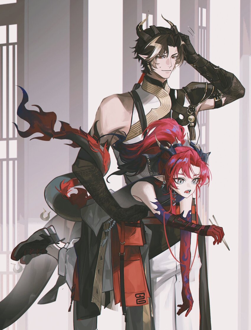 2boys arknights artist_name carrying carrying_person chinese_commentary chongyue_(arknights) chopsticks closed_mouth commentary_request dragon_boy dragon_horns dragon_tail fangs highres holding holding_chopsticks horns looking_at_another male_focus multiple_boys open_mouth pointy_ears red_eyes shayu_pao_jiao shirt sleeveless sleeveless_shirt smile sweatdrop tail yu_(arknights)