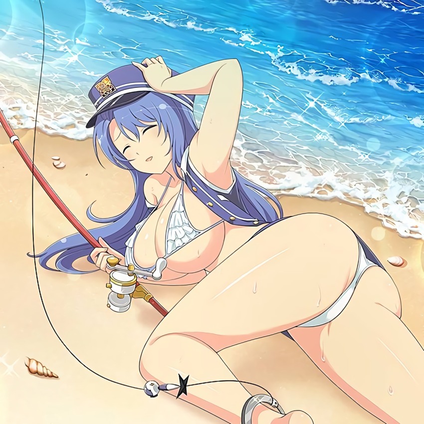 1girl ^_^ armpits ass bait barefoot beach bikini blue_hair blush breasts cleavage closed_eyes cuffs fishing_line fishing_lure fishing_rod foam foaming_waves frilled_bikini frills hand_on_headwear handcuffs highres holding holding_fishing_rod large_breasts lens_flare light_particles long_hair micro_bikini nachi_(senran_kagura) official_art on_ground open_mouth outdoors police police_uniform policewoman sand school_emblem seashell senran_kagura senran_kagura_new_wave shell shiny_skin single_handcuff solo sparkle sweat swimsuit waves white_bikini yaegashi_nan