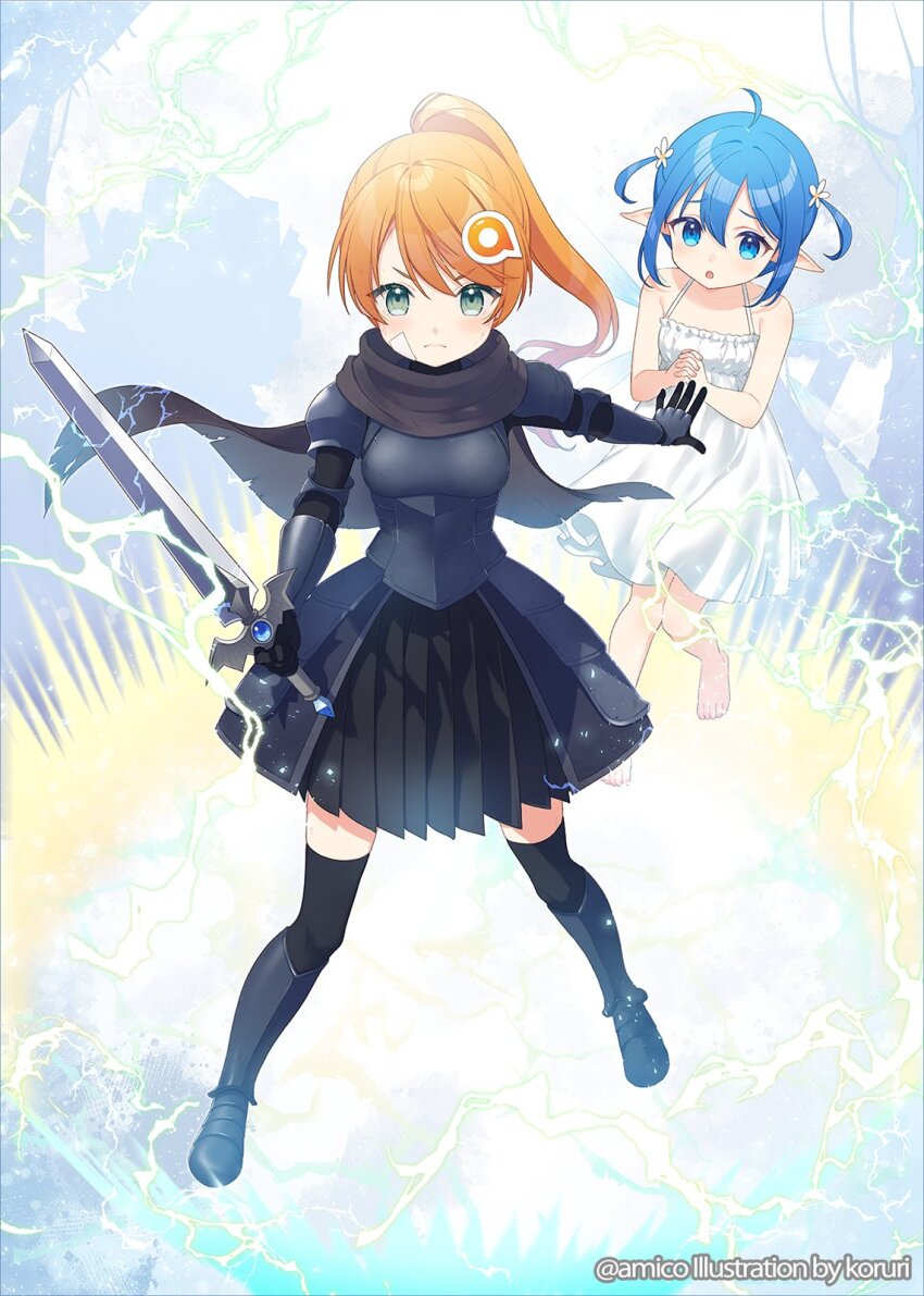 &gt;:( 2girls amiami_(company) amico armor armored_boots armored_skirt artist_name aura bandaid bandaid_on_cheek bandaid_on_face barefoot black_armor black_cape black_skirt black_thighhighs blue_eyes blue_hair bodystocking boobplate boots breastplate bruise bruise_on_face cape copyright_name copyright_notice couter cuirass dress electricity fighting_stance floating_cape flower furrowed_brow gauntlets green_eyes hair_flower hair_ornament highres holding holding_sword holding_weapon injury knight koruri lamellar_armor light_blush lilco logo_hair_ornament long_hair multiple_girls official_art orange_hair own_hands_clasped own_hands_together pauldrons pleated_skirt pointy_ears ponytail power-up protecting second-party_source shoulder_armor shoulder_pads skirt sleeveless sleeveless_dress sparks standing sundress sword thighhighs two_side_up v-shaped_eyebrows weapon white_dress zettai_ryouiki