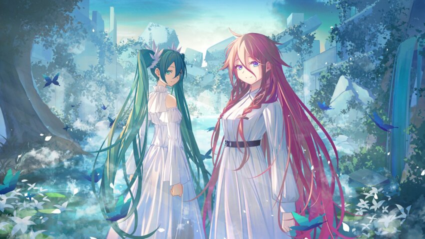 2girls ahoge album_cover aqua_eyes aqua_hair arm_at_side arms_at_sides bare_shoulders belt blue_butterfly blue_eyes blue_hair braid bug butterfly cevio clothing_cutout cloud cover day dress flower gradient_eyes grey_hair hair_between_eyes hair_flower hair_ornament hatsune_miku highres ia_(vocaloid) insect long_hair long_sleeves looking_at_viewer looking_back multicolored_eyes multiple_girls outdoors parted_lips pink_hair purple_eyes ruins shoulder_cutout sky smile standing sugi_214 tree twin_braids twintails very_long_hair vocaloid white_dress white_flower