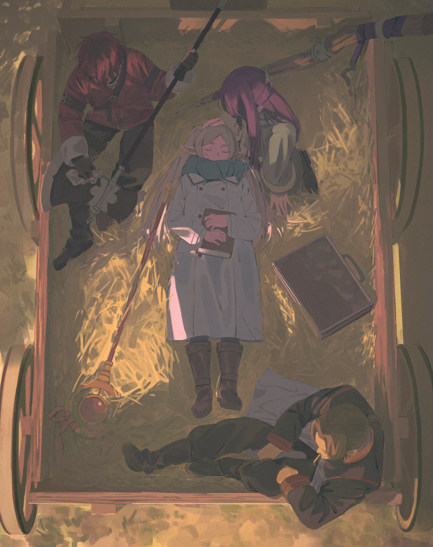 2boys 2girls absurdres axe blue_scarf book boots briefcase brown_footwear brown_hair carriage chinese_commentary cigarette closed_eyes coat elf fern_(sousou_no_frieren) frieren from_above full_body hand_on_another&#039;s_head hay highres holding holding_axe holding_book holding_polearm holding_weapon jiankun_yu long_hair long_sleeves lying mage_staff mouth_hold multiple_boys multiple_girls on_back pointy_ears polearm purple_hair red_coat red_hair scarf sein_(sousou_no_frieren) short_hair sidelocks sitting sleeping slice_of_life sousou_no_frieren stark_(sousou_no_frieren) weapon white_coat white_hair winter_clothes winter_coat