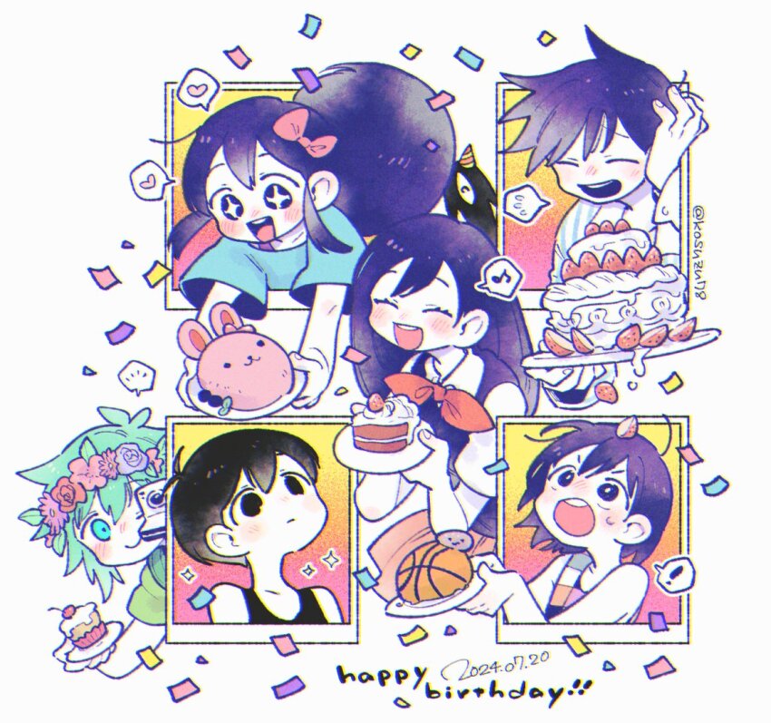 ! +_+ 2girls 4boys ^_^ animal-themed_food antenna_hair aubrey_(headspace)_(omori) aubrey_(omori) bare_arms bare_shoulders basil_(headspace)_(omori) basil_(omori) black_eyes black_hair black_tank_top blue_eyes blue_shirt bow bright_pupils brother_and_sister brothers brown_skirt cake camera checkered_clothes cherry chromatic_aberration closed_eyes closed_mouth colored_skin confetti cupcake dated fingernails flower flower_wreath flying_sweatdrops food fruit green_hair green_shirt hair_behind_ear hair_bow happy_birthday head_wreath heart hector_(omori) hero_(headspace)_(omori) hero_(omori) holding holding_plate kel_(headspace)_(omori) kel_(omori) leaf long_hair looking_at_viewer looking_down looking_up mari_(headspace)_(omori) mari_(omori) miniskirt mitsubachi_koucha multiple_boys multiple_girls musical_note no_pupils omori omori_(omori) open_mouth pink_bow pink_flower plate purple_eyes purple_flower purple_hair purple_rose purple_sweater_vest red_flower red_rose rose round_teeth shirt short_hair short_sleeves siblings simple_background skirt something_(omori) spoken_exclamation_mark spoken_flying_sweatdrops spoken_heart spoken_musical_note spoken_notice_lines strawberry strawberry_cake strawberry_slice sweater_vest tank_top teeth twitter_username upper_body upper_teeth_only white_background white_pupils white_skin