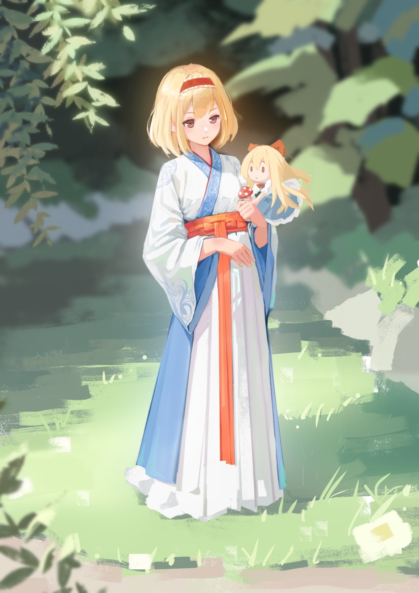 1girl absurdres alice_margatroid alternate_costume blonde_hair bow brown_eyes chinese_clothes chinese_commentary closed_mouth commentary commentary_request doll english_commentary expressionless hair_bow hairband hanfu highres holding holding_mushroom jiaoling_ruqun long_sleeves medium_hair mixed-language_commentary mushroom red_bow red_hairband shanghai_doll solo touhou wide_sleeves xiaoyu_yao_(htx1993601)