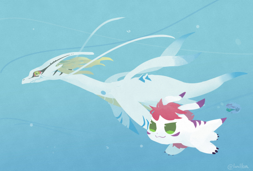 2others claws digimon digimon_(creature) gomamon gomamon_x-antibody green_eyes multiple_others plesiomon plesiomon_x-antibody shakomon swimming tail underwater yellow_eyes