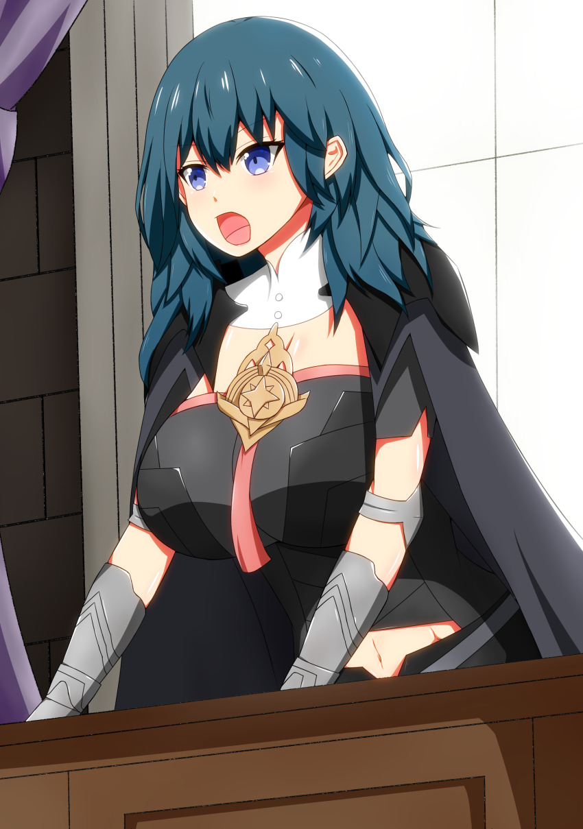 1girl absurdres blue_eyes blue_hair bracer breasts female_byleth_(fire_emblem) cleavage clothing_cutout desk female_focus fire_emblem fire_emblem:_three_houses highres huge_breasts lecturing light_xion navel_cutout nintendo open_mouth solo tagme