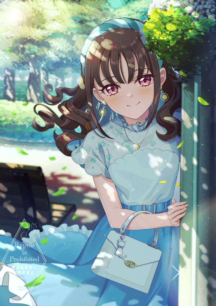 1girl absurdres belt bench blue_bag blue_belt blue_hairband blue_shirt blue_skirt blurry blurry_background brown_hair bush closed_mouth cowboy_shot earrings english_text falling_leaves fingernails flat_chest frilled_shirt_collar frilled_skirt frills hairband highres jewelry leaf looking_at_viewer medium_hair necklace nekoyashiki_mayu outdoors park_bench paw_print pink_eyes precure print_shirt rice_rabbit22 shadow shirt skirt smile solo tree watermark wavy_hair wonderful_precure!