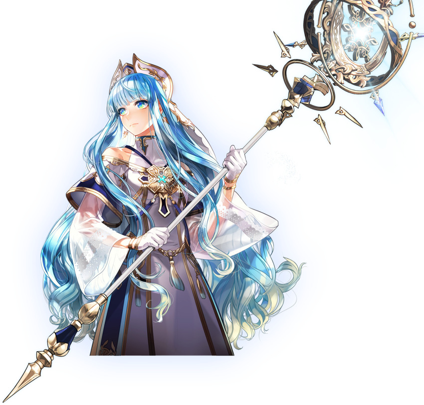 1girl bare_shoulders blue_hair etain_(mabinogi) gloves green_eyes half_gloves highres holding holding_wand looking_to_the_side mabinogi official_art see-through_clothes veil wand