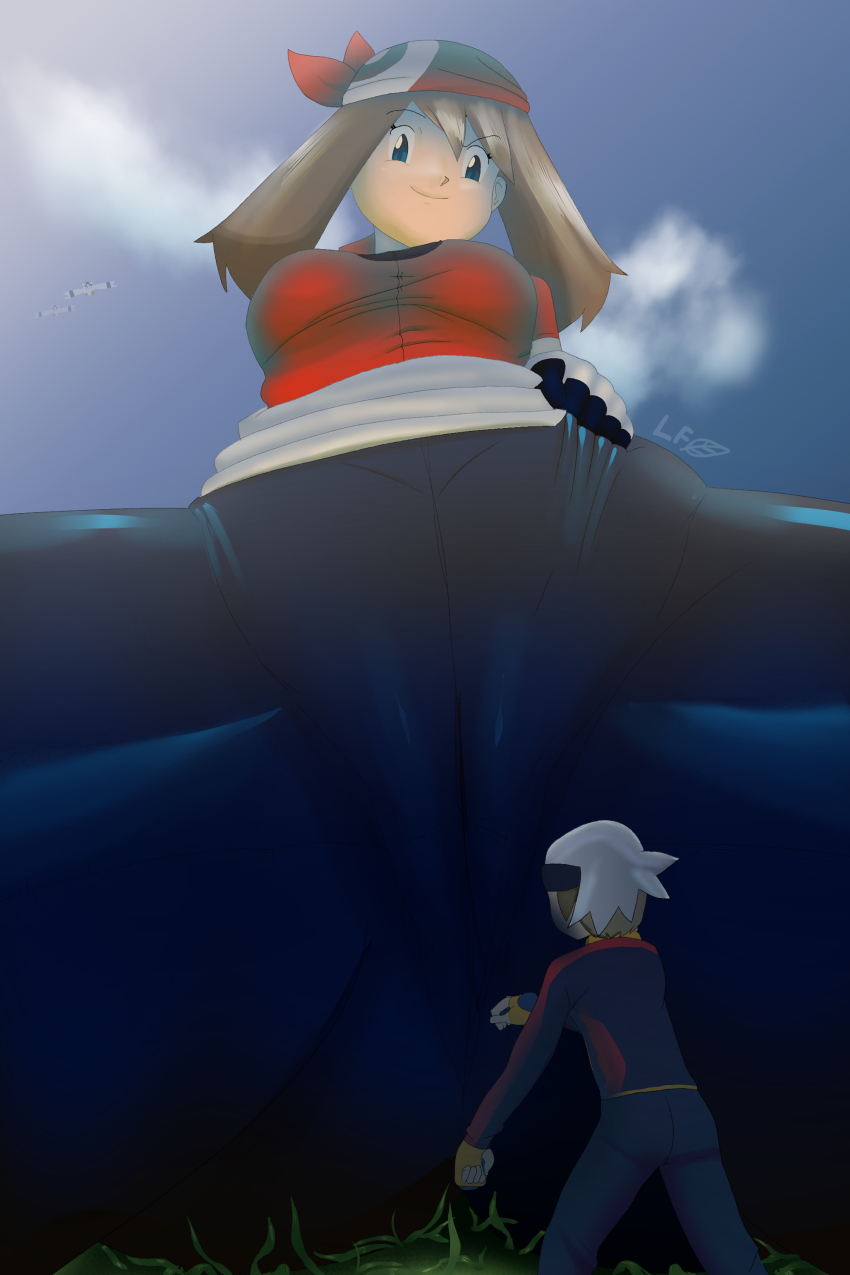 absurdres bandana bike_shorts blue_eyes brendan_(pokemon) brown_hair cameltoe clothes_lift female_focus gen_3_pokemon giant giantess gloves hat highres jacket macrophilia may_(pokemon) nintendo outdoors pokemon pokemon_rse pokemon_trainers red_bandana red_jacket skirt skirt_lift smug white_skirt wingull