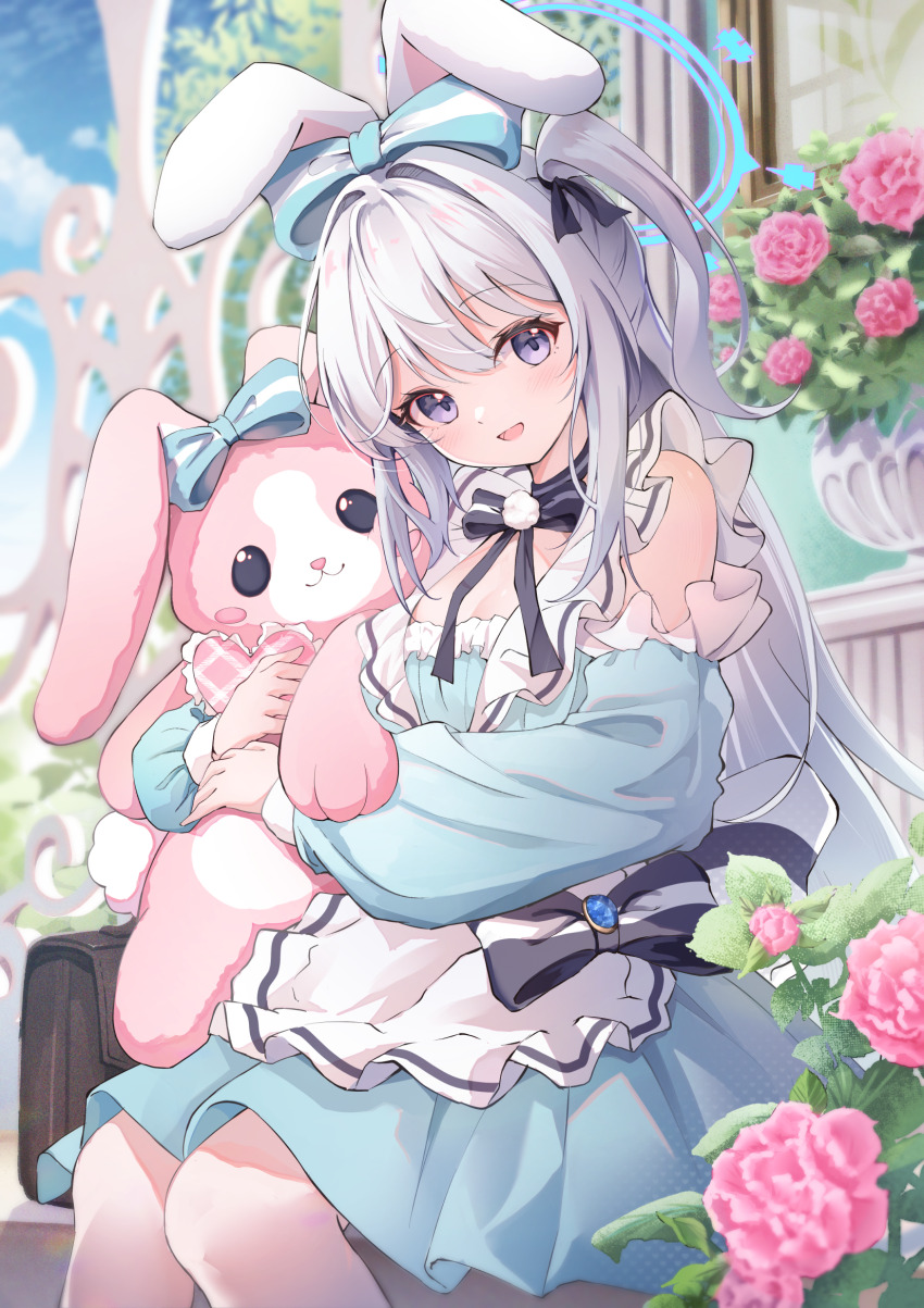 1girl alternate_costume animal_ears bare_shoulders blue_archive blue_dress blue_eyes blue_halo breasts bush doll dress fake_animal_ears flower grey_hair hair_intakes halo highres holding holding_stuffed_toy long_hair long_sleeves looking_at_viewer miyako_(blue_archive) one_side_up open_mouth pink_flower puffy_long_sleeves puffy_sleeves purple_eyes ribbon side_ponytail sidelocks sitting smile solo stuffed_animal stuffed_rabbit stuffed_toy tomo_(tomosa011326)