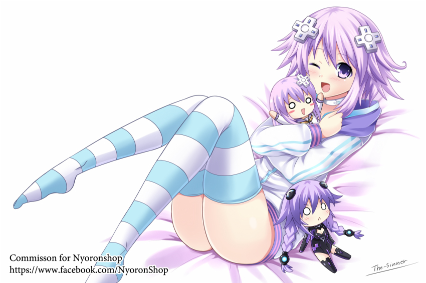 1girl artist_name blush character_doll choker choujigen_game_neptune d-pad d-pad_hair_ornament doll dual_persona flat_chest hair_ornament holding holding_doll hood hooded_jacket hooded_track_jacket hugging_doll hugging_object jacket medium_hair nepgear neptune_(neptunia) neptune_(series) one_eye_closed open_mouth purple_eyes purple_hair purple_heart_(neptunia) short_hair socks striped_clothes striped_socks striped_thighhighs stuffed_toy the-sinner thighhighs track_jacket usb white_choker