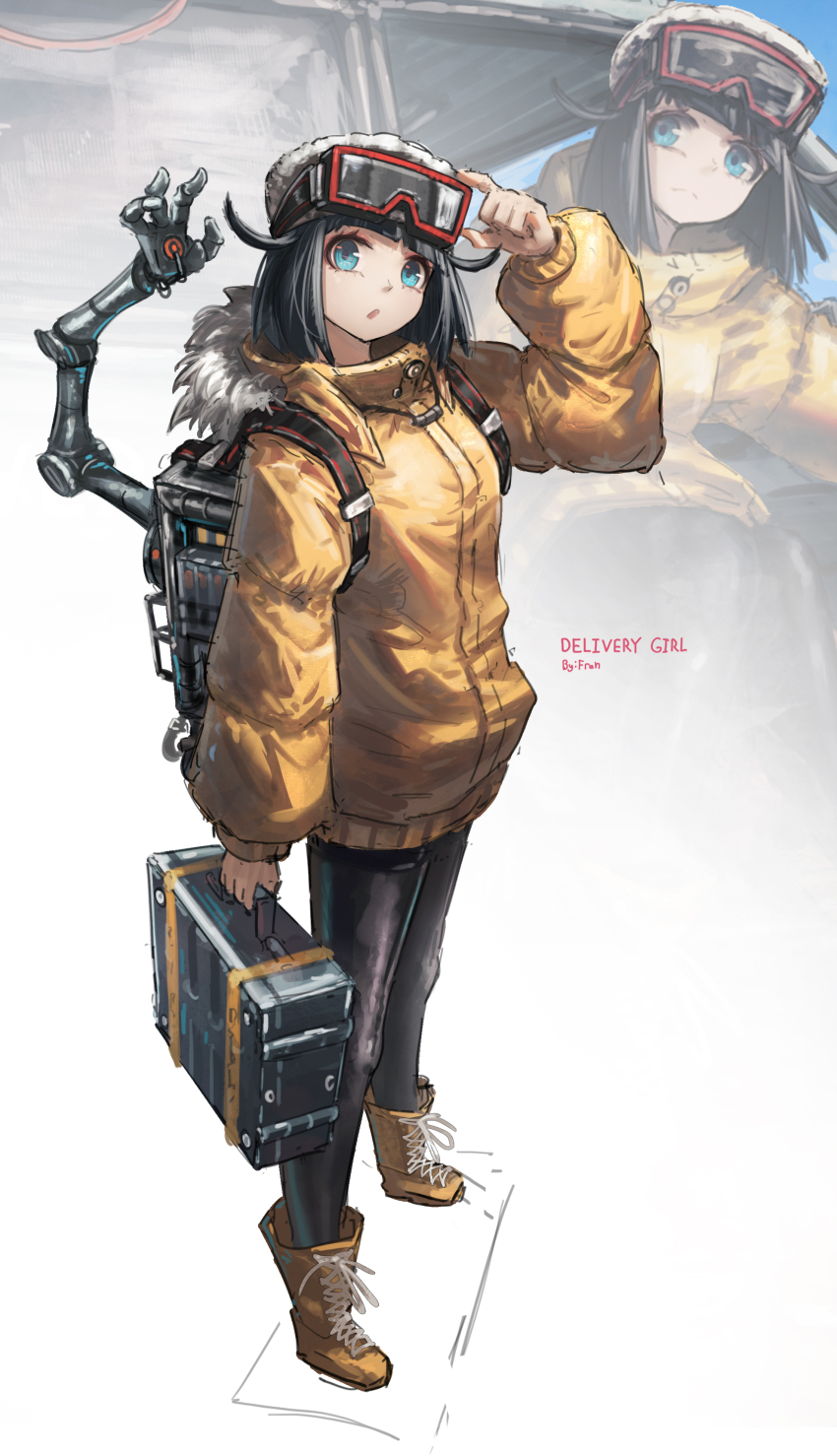 1girl :o absurdres adjusting_eyewear artist_name backpack bag black_hair black_hat black_pantyhose blue_eyes boots closed_mouth coat commentary english_commentary franlol full_body goggles goggles_on_headwear hand_on_eyewear hat highres holding holding_bag lace-up_boots long_sleeves looking_at_viewer multiple_views open_mouth original pantyhose short_hair solo standing yellow_boots yellow_coat
