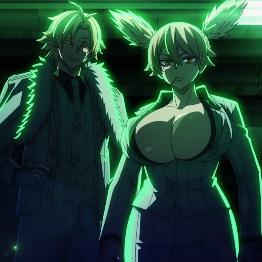 1boy 1girl 2025 20s :/ bare_legs blonde_hair breasts buttons cleavage closed_mouth cropped_legs curvy formal_clothes gauntlets green_light highres huge_breasts jacket lollipop_in_mouth looking_at_viewer momokusa_yomogi momomiya_tsubakiri neon_lights ryona serious shiny_skin short_hair short_twintails skirt striped_clothes striped_jacket striped_skirt striped_suit suit tougen_anki twintails underground wide_hips yellow_eyes