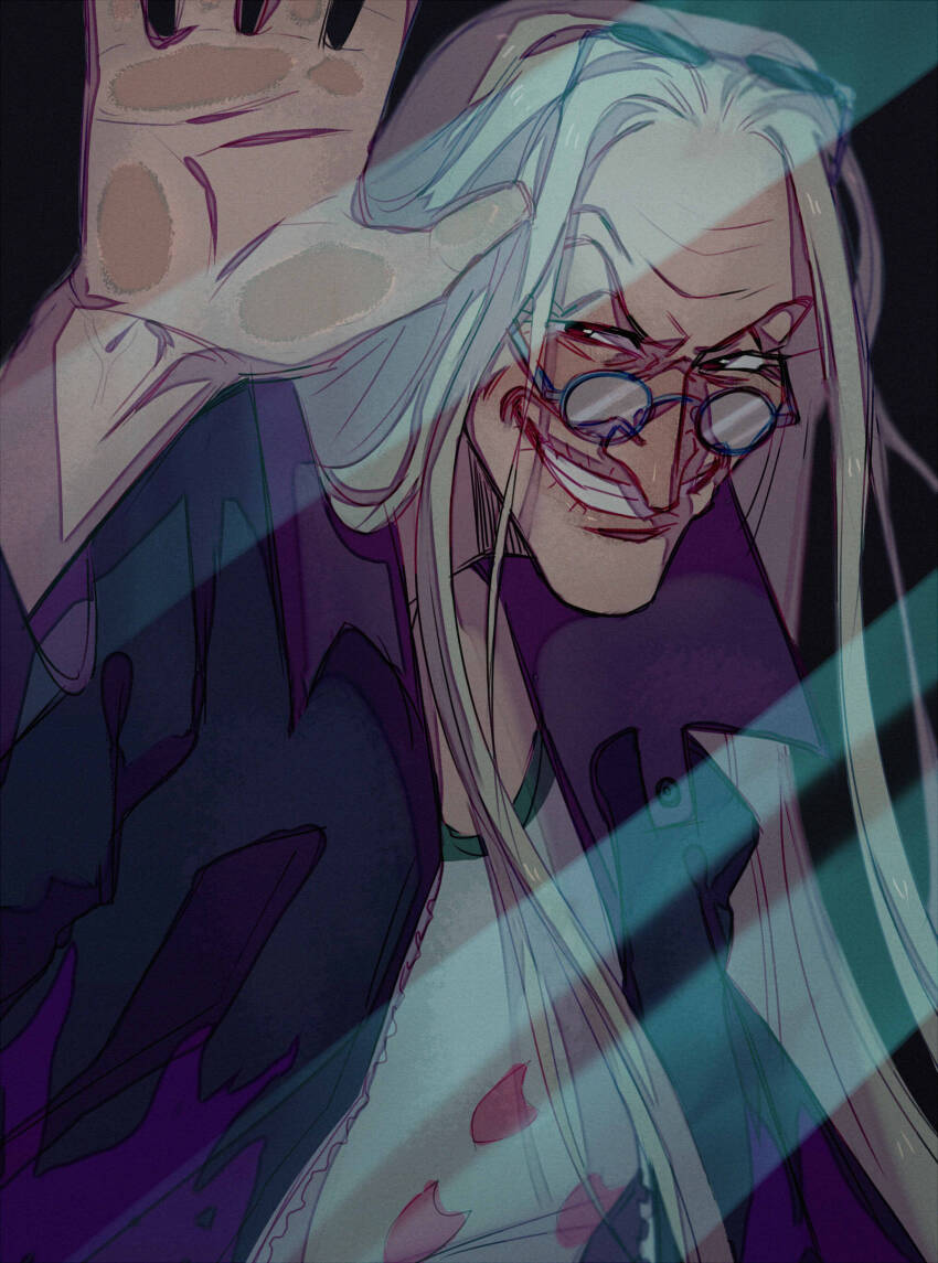 &gt;:) 1girl absurdres black_eyes dr._kureha eyewear_on_head unworn_eyewear glasses grin hand_up highres jacket just_noi long_hair old old_woman one_piece smile solo sunglasses teeth v-shaped_eyebrows white_hair