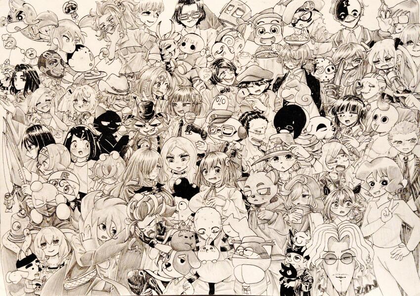 absurdres all_might anemo_nemo animal_crossing ansatsu_kyoushitsu beard blush boku_no_hero_academia bow bowtie butterfly_hair_ornament cat cellphone character_request cigar commentary_request copyright_request cowboy_hat crossover cup danganronpa:_trigger_happy_havoc danganronpa_(series) deadpool deadpool_(series) donut drifloon ebina_nana erzt5337 facial_hair fingerless_gloves fishing_rod food fukawa_toko gen_4_pokemon genocider_shou ghost glasses gloves greyscale hair_ornament hair_over_eyes hair_over_one_eye hat highres himouto!_umaru-chan holding holding_cup holding_paintbrush holding_phone holding_spoon hoshi_ryoma instrument jewelry jiro_kyoka kill_me_baby kinger_(the_amazing_digital_circus) kono_subarashii_sekai_ni_shukufuku_wo! lana_(pokemon) leberblume mahou_shoujo_ni_akogarete marvel mineta_minoru monochrome multiple_boys multiple_girls mustache napstablook necklace necktie nintendo one_piece open_mouth paintbrush phone pokemon pokemon_(creature) saliva scar scar_on_face sonya_(kill_me_baby) splatoon_(series) spoon sweat sweater_vest the_amazing_digital_circus tongue tongue_out top_hat traditional_media undertale v vanir